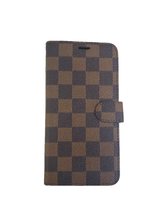 Brown Checker Wallet Case for iPhone 14/15 Plus