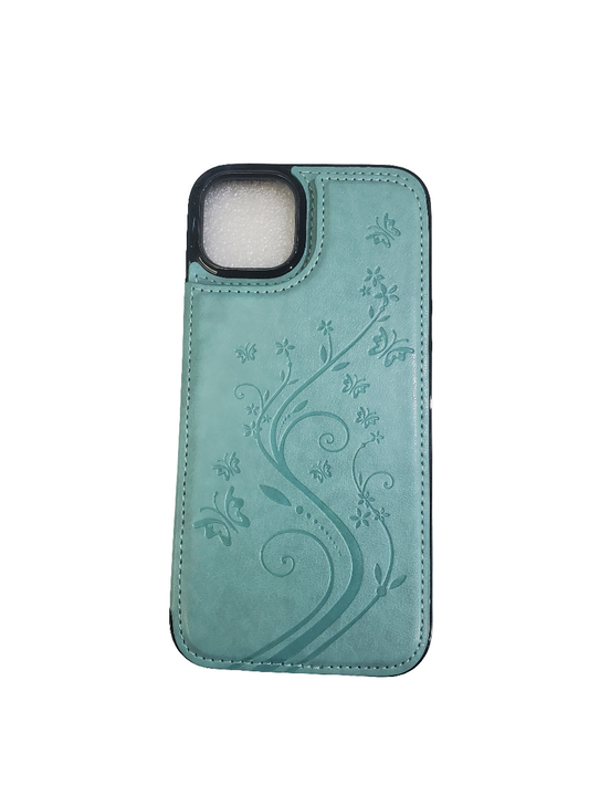 Teal Floral Design Case with Card Holder for iPhone 14/15 Plus